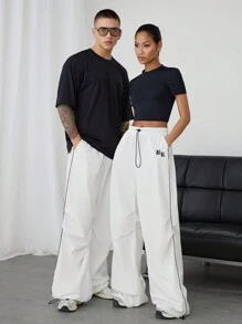 NORVETH Unisex Casual Loose Woven Wide-Leg Drawstring Waist Trousers, Sports Pants - White - View 2