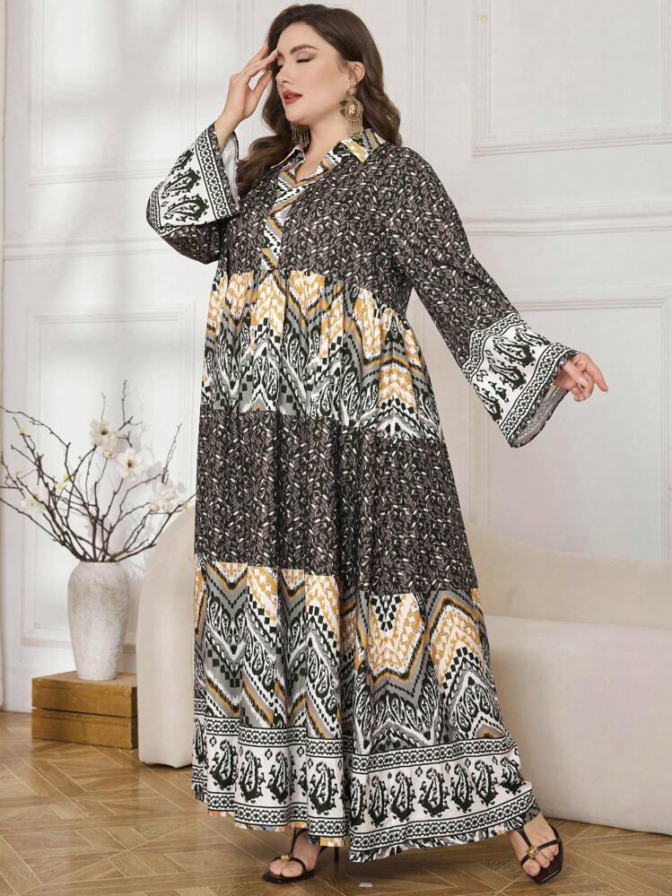 Lacomfia Vestido elegante entallado en la cintura con estampado, talla grande, discreto - Multicolor - Añade 4