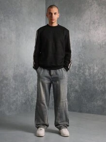 SUMWON Oversized Carpenter Wide Leg Jeans Relaxed Fit Workwear Style Durable Denim Pants With Panel Details Streetwear Urban Fashion - Medium Wash - View 3