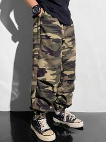 Young Boy Casual Camouflage Loose-Fitting Cuffed Woven Pants , Suitable For Autumn, Spring And Summer, Suitable For Outdoor Play, School, Street Shooting, Party And Home Leisure Back To School Clothes