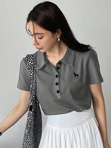 DAZY Women Mustang Print Loose Fit Casual Polo Neck T-Shirt, Short Sleeve