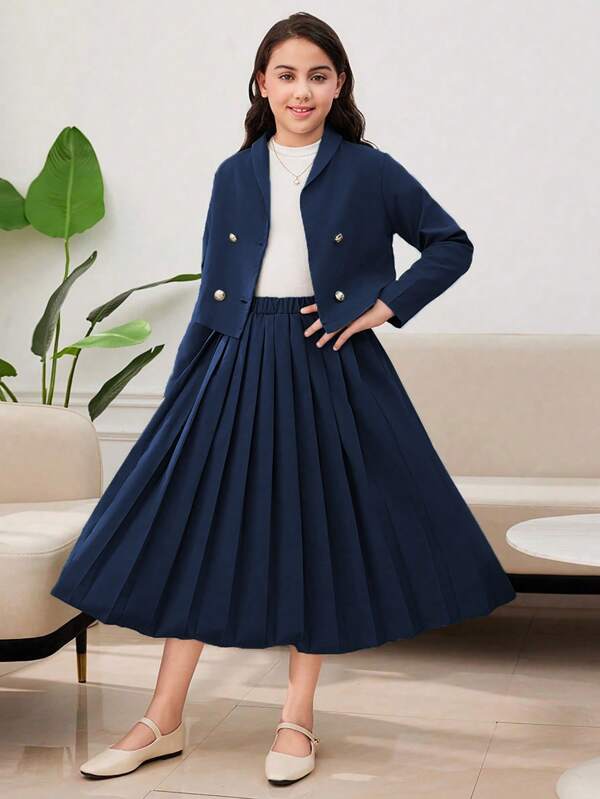 Tween Girl 2pcs Blazer Jacket And Pleated Skirt Casual Fashion Suit, Autumn