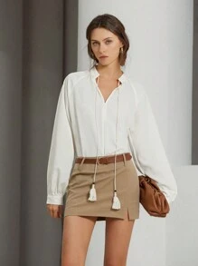 SHEIN Privé 游牧度假风格仿亚麻流苏领带长袖女式衬衫，春季情人节 - 米色 - 查看 1