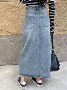 DAZY 1pc Women's Simple Denim Casual Skirt With Side Pockets, Daily Wear