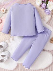 SHEIN 2 件装女婴紫色纯色花朵装饰休闲舒适家居服套装、长裤和长袖上衣 - 紫色 - 查看 2