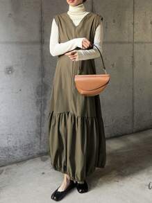 Women's Solid Color Sleeveless Minimalist Pleated Dress, Casual For Daily Wear,Fall Clothes - Green - View 1