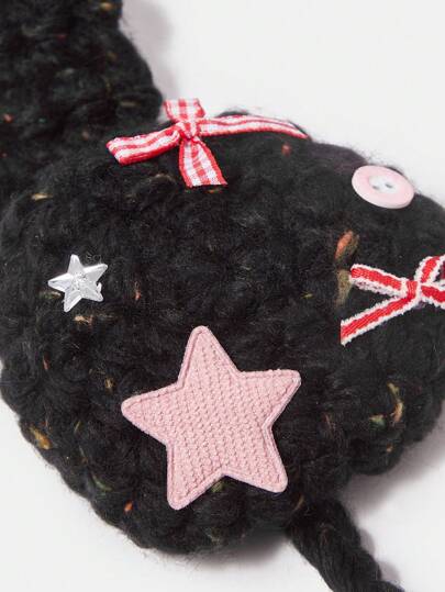 Kawaii 1pc Beige Bohemian Style Knitted Bow, Star & Tassel Decorated Earmuffs, Suitable For Autumn/Winter Wear And Gifts