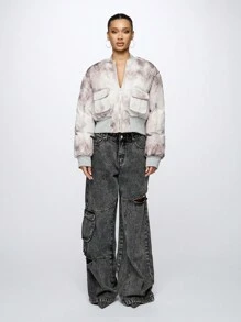 SUMWON WOMEN Designer Tie Dye Bomber Outerwear Zip Up Jacket Fall Winter Casual Style Fashion Windbreaker With Pockets Relaxed Fit Streetwear