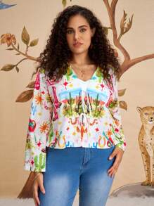 SHEIN VCAY Camisa de talla grande con estampado floral colorido y lazo delantero para vacaciones - Multicolor - Ver 5