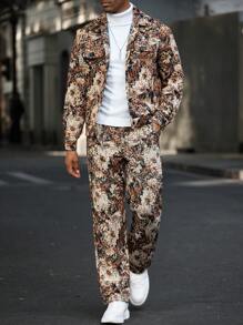 Manfinity Homme 男士成熟休闲 INS 印象派花卉纹理提花夹克和裤子套装。男士两件套服装，男士服装，前胸热销织标装饰