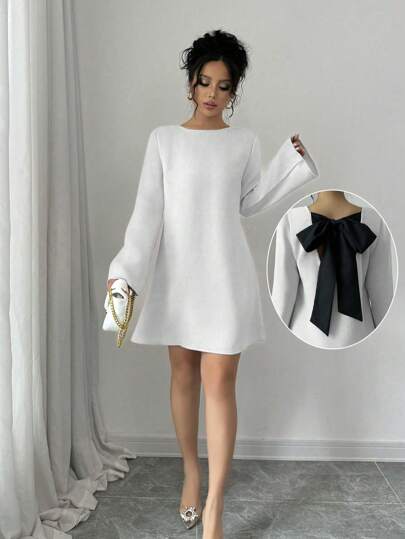 Lyxana Vestido mini con mangas abullonadas y lazo en la espalda para mujer, apropiado para usar en otoño e invierno