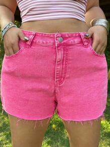 SHEIN EZwear Plus Size Pink Stretch Denim Shorts, Casual Skinny Style,Suitable For Parties, Holidays, Dates, Valentine's Day, Afternoon Tea,Spring Summer Vacation Beach Outfits Fashion Outfits - Pink - View 3