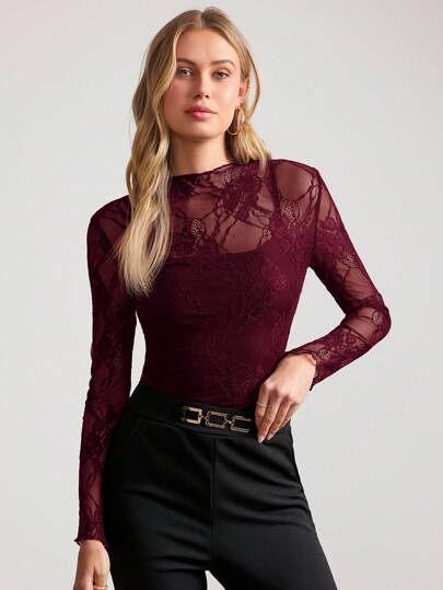 SHEIN Clasi 优雅性感蕾丝透视修身衬衫，情人节
