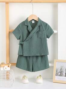 SHEIN 2pcs/Set Baby Boy Summer Casual Sage Green Kimono Style Short Sleeve Shirt & Shorts Outfit,Cute Holiday Family Matching For Birthday Party,Wedding - Multicolor - View 3