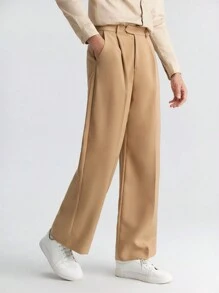 Ontre Men's Solid Color Pocket Pleated Straight-Leg Suit Pants, Fashionable & Versatile For Dates, Holidays, New Year Parties, Daily Business Commute, Spring - Khaki - View 4