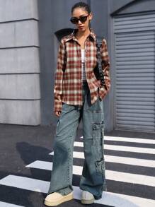 SHEIN Unity British Style Vintage Plaid Button Down Collared Versatile Shirt, Suitable For Valentine's Day, Spring/Autumn Fall Cloth For Women - Multicolor - View 2