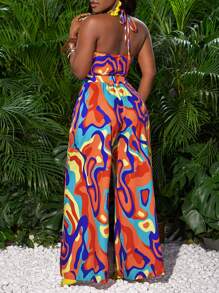 Slaydiva Holiday Elegant Sexy Sleeveless Marble Pattern Hollow Waist Wide Leg Jumpsuit - Multicolor - View 2