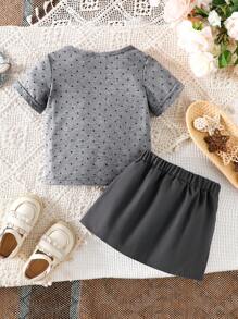 SHEIN 2 Stücke/Set Baby Mädchen Lässig Polka Dot Muster Kurzarm Top und Schleifen Rock Outfit, geeignet für Entspannung