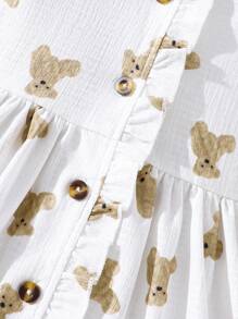 SHEIN Vestido casual primavera e verão para meninas, gola aberta, manga curta, estampa de urso Partern - Branco - Ver 4