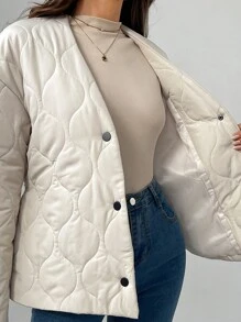 SHEIN Privé 女士米色 V 领纽扣式收腰长袖羊毛夹克 - 卡其色 - 查看 7