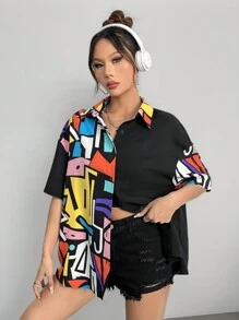 Coolane Áo sơ mi cài nút cỡ lớn in họa tiết màu tương phản thời trang - Nhiều màu - Xem 6