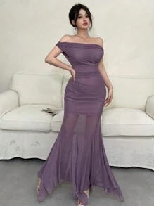 DAZY 女士纯色露肩百褶修身长裙夏季优雅太阳裙 - 紫色 - 查看 2