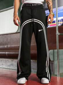PAVTROS 男士拼布前抽绳口袋休闲运动裤，男士抽绳腰部印花阔腿时尚运动裤，拉链设计男士黑色运动裤男士运动裤黑色图案运动裤健身运动裤带侧条纹，嘻哈街头，男朋友礼物，男士街头服饰