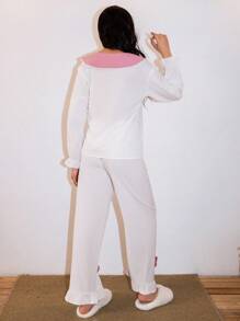 SweetSlumber Conjunto de pijama con cuello Peter Pan, bloques de color y lazo para mujer