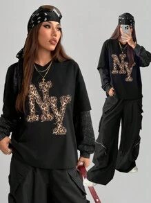 SHEIN EZwear Áo thun Rapper Patchwork False Two thời trang hàng ngày dành cho nữ - Nhiều màu - Xem 8