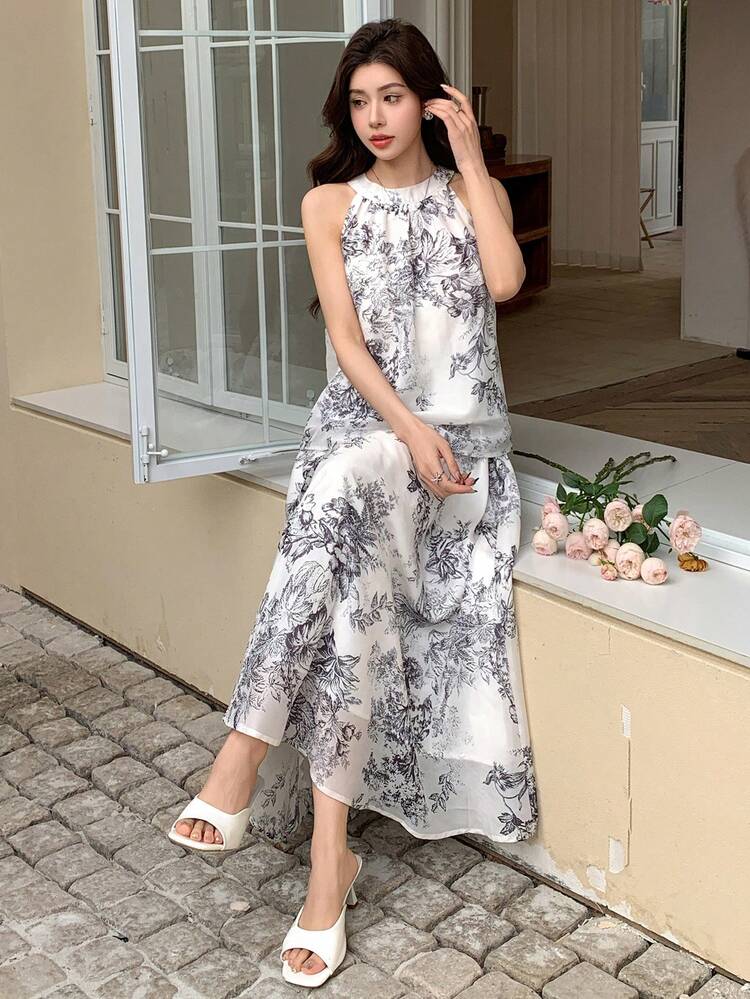 2 Pieces All-Over Floral Print Tank Top And Skirt Set For Women
