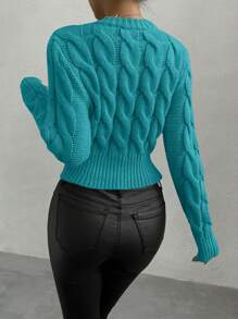 Chiquease Suéter casual de cuello redondo de manga larga de unicolor para mujer, suéter de punto de otoño/invierno - Agua verde azul - Ver 3