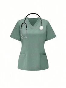 TaskEZ Conjunto de Uniforme Cirúrgico com Top de Bolso de Manga Curta e Gola V Sólida e Calça para Mulheres - Verde Menta - Visão 4