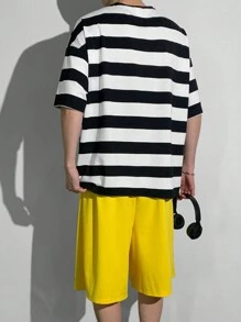 SHEIN 2 Pieces Set Teen Boys Casual Short Sleeve T-Shirt And Shorts Suit, Streetwear Punk Rock School Uniform Style Outfit Suitable For Spring/Summer Occasions, Party, Music Festival Wear, Black/White Striped Top And Yellow Shorts With Fun Fries Graphic - Multicolor - View 2