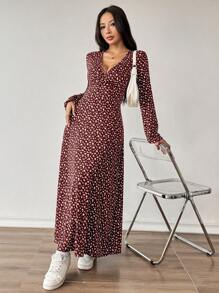 SHEIN Unity 海军蓝色碎花 V 领 A 字形连衣裙长款女装 - 酒紅色 - 查看 5