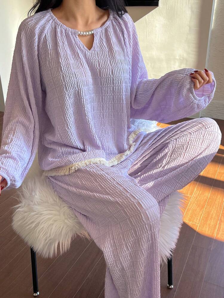Romantic Textured Fabric Beaded Hollow Neckline Tassel Hem Loose Pajamas Set