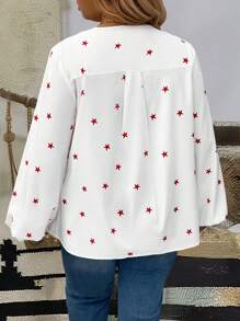 SHEIN LUNE Plus Size Women's Five-Star Print V-Neck Tie Front Long Sleeve Casual Shirt, Spring/Summer - Red and White - View 2