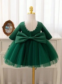 SHEIN Glamorique Kids White Christmas Princess Girl Dress, Satin & Mesh Patchwork Long Sleeve Flower Girl Gown With Bowknot Back, V-Neck Rhinestone For Pageant, Party, Autumn/Winter - Green - View 1