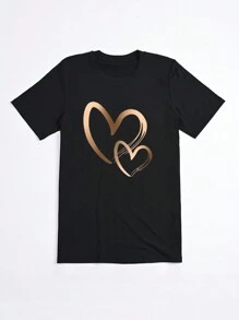 Maweii 大码心形印花圆领短袖 T 恤、图案 T 恤、女式夏季上衣 - 黑色 - 查看 3