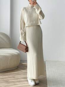 EURMUSE Knitwear Sweater Co-Ords With Maxi Skirt & Cable Pattern Pullover - Beige - View 3