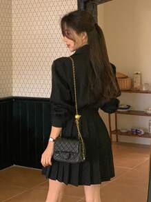 DAZY 女士长袖高腰褶皱短款衬衫裙，秋季连衣裙