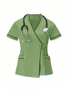 SHEIN TaskFit Set uniforme de 2 piezas con blusa de manga corta con ribete en contraste y pantalón de unicolor, conjunto de uniformes - Verde - Ver 8