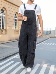 Manfinity Homme Pantalones de peto vaqueros holgados de pierna ancha con bolsillos cargo, casuales para hombres - Negro - Ver 5