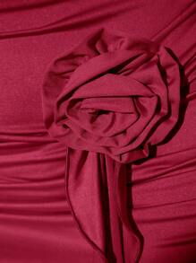 SHEIN BAE High Elastic Knitted Off-Shoulder Three-Dimensional Flower Ruffle Decoration Suitable For French Red Brunch Outfit Stretch Knit Dress, Autumn Women's Dress, Bachelorette Dress, Autumn Dress, Birthday Outfit Halloween Party