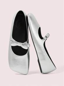 CUCCOO DOLLMOD Women's Cute Minimalist Flat Shoes With Oblique Square Toe, Silver Color, Bowknot Decor Valentine's Day