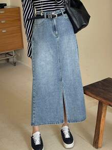 DAZY 1pc Women's Simple Denim Casual Skirt With Side Pockets, Daily Wear