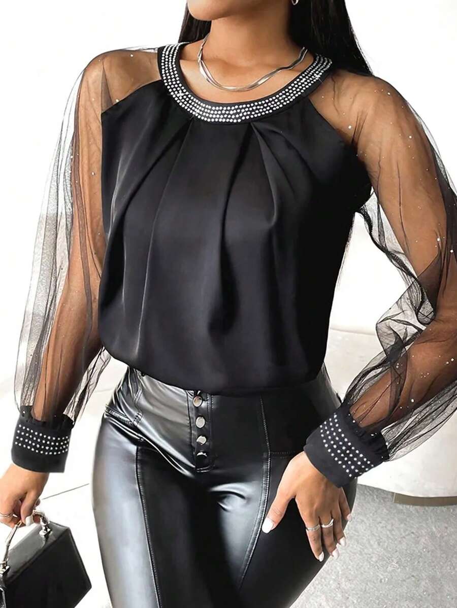 Chiquease Women's Rhinestone Party Round Neck Mesh Patchwork Black Blouse, Versatile - Black - View 1