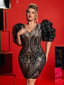 SHEIN Belle Đầm dự tiệc sang trọng tay bồng bềnh họa tiết hoa sequin màu đen cỡ lớn gợi cảm cho tiệc cocktail - màu đen - Xem 7