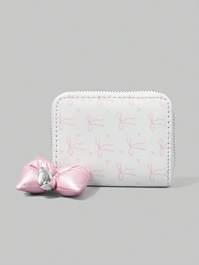 Kawaii White Background Pink Bowknot Short Wallet With Bowknot Heart Pendant, Creative Multi-Functional Card Slot Wallet