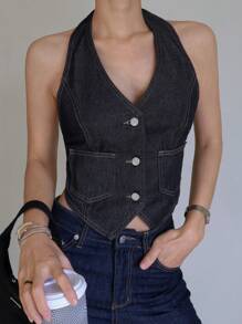 DAZY Top canotta da donna in denim, halter, senza schiena, con lacci