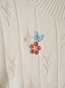 SHEIN Unity Spring & Summer White Floral Embroidered Hollow Casual Cute Knit Top - White - View 5